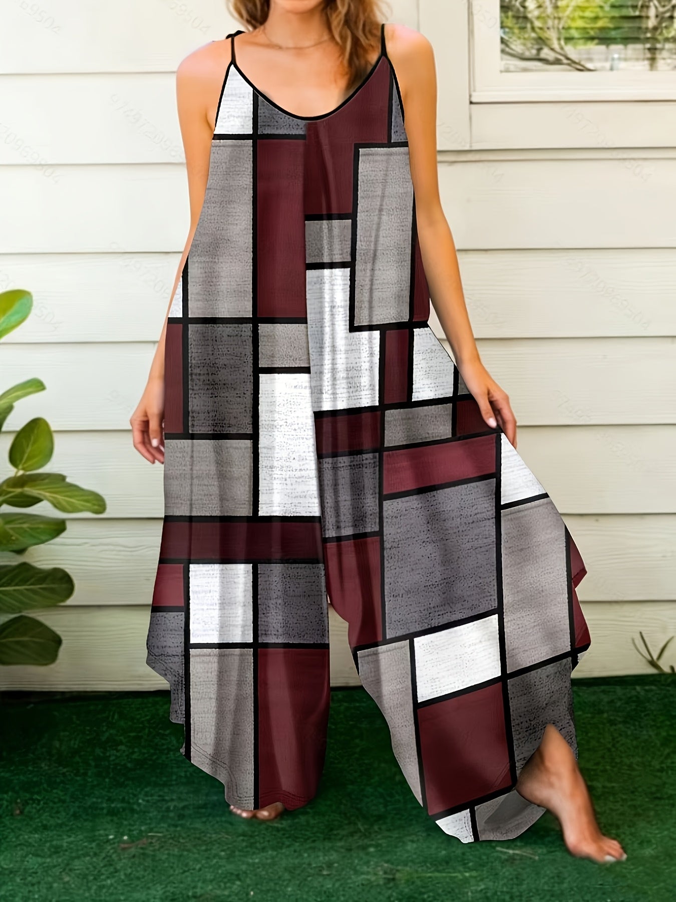 Combinaison d'Été à Bretelles Imprimé Géométrique – Tissu Extensible, Style Élégant | Grande Taille L au 4XL