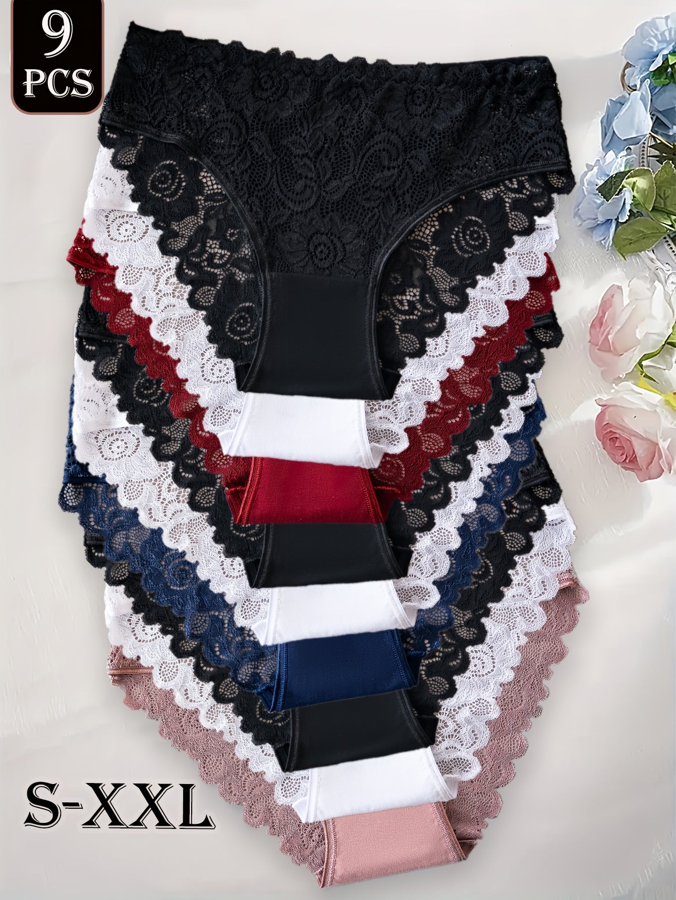 Lot de 9 culottes femme en coton avec dentelle - Couleur unie, style élégant, confort quotidien