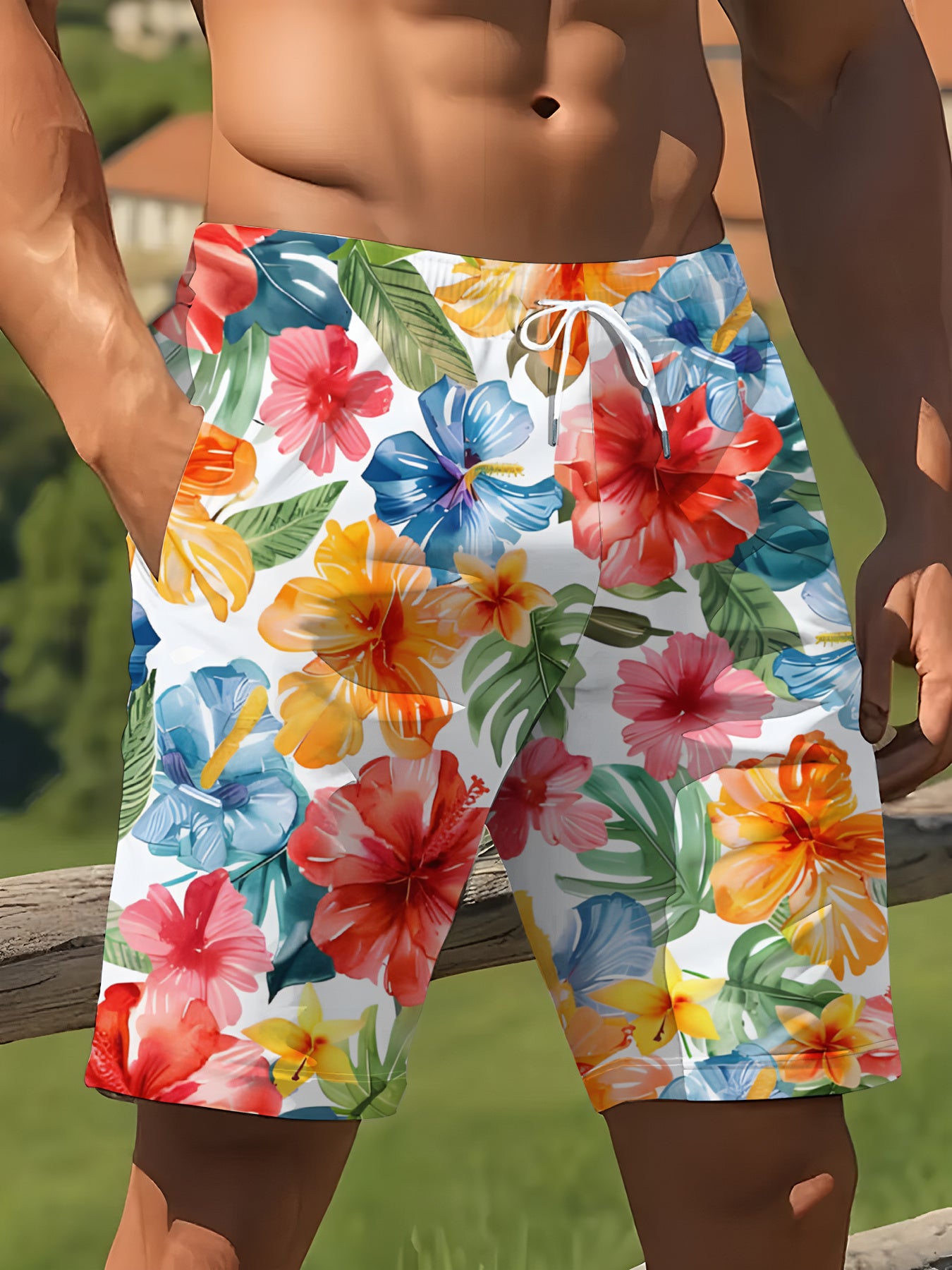 Short Homme Imprimé Floral & Géométrique – Style Vacances Décontracté, Légèrement Extensible | S au XXL