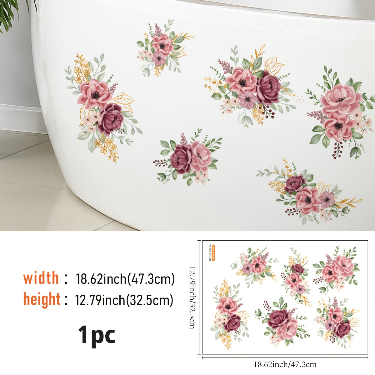 Sticker Autocollant Baignoire Lavabo Motif Floral - Vinyle, Facile a Poser, 4 Coloris, 32x47cm