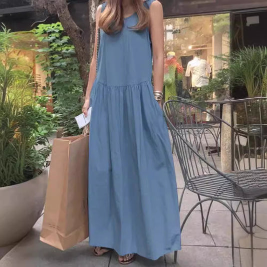 Robe longue ample à col rond et sans manches, grande taille, couleur unie - Topdecheztop.fr
