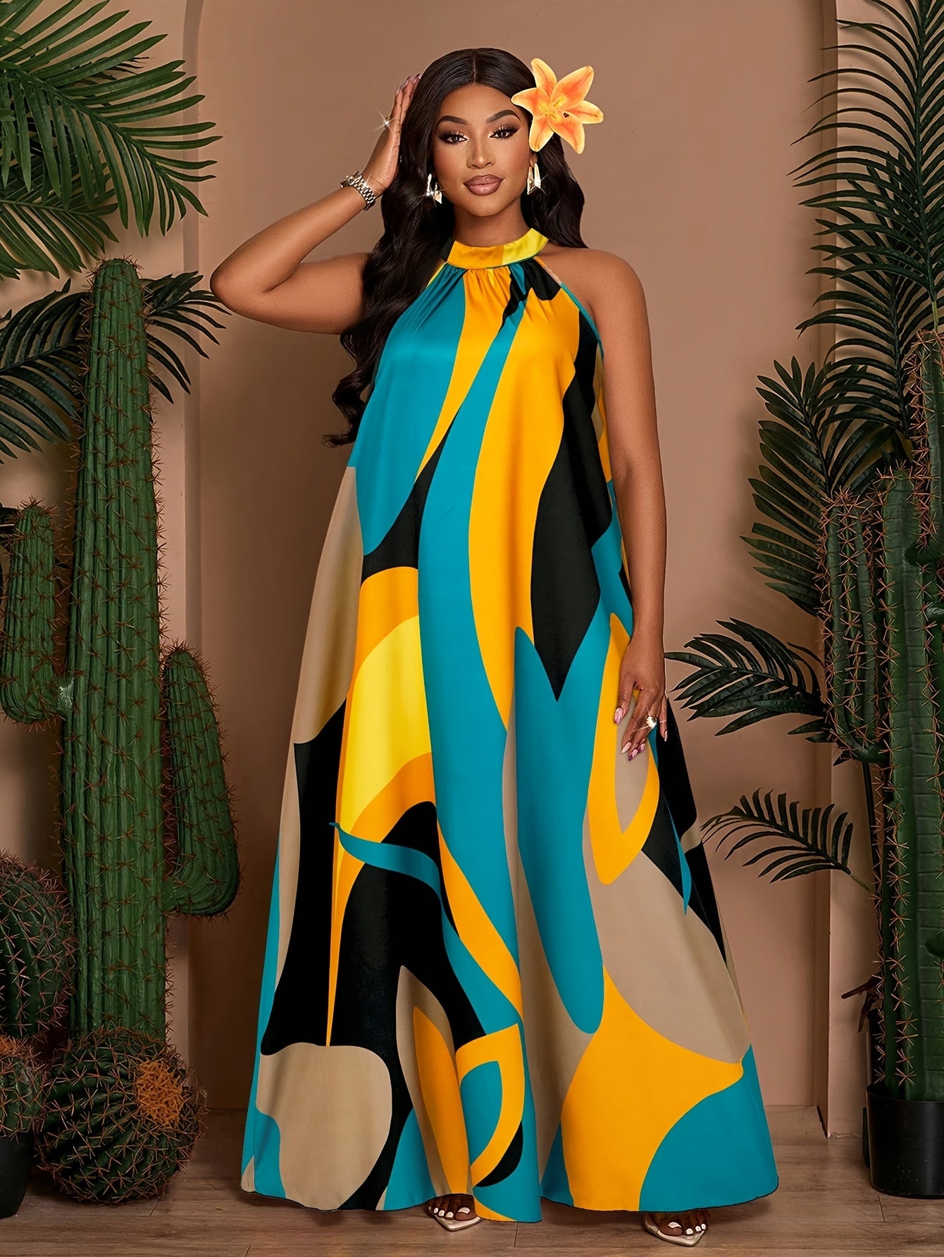 Robe longue plage femme grande taille imprimee - Col rond, coupe trapeze, nouage taille, poches, sans manches, vert ou jaune, L a 4XL