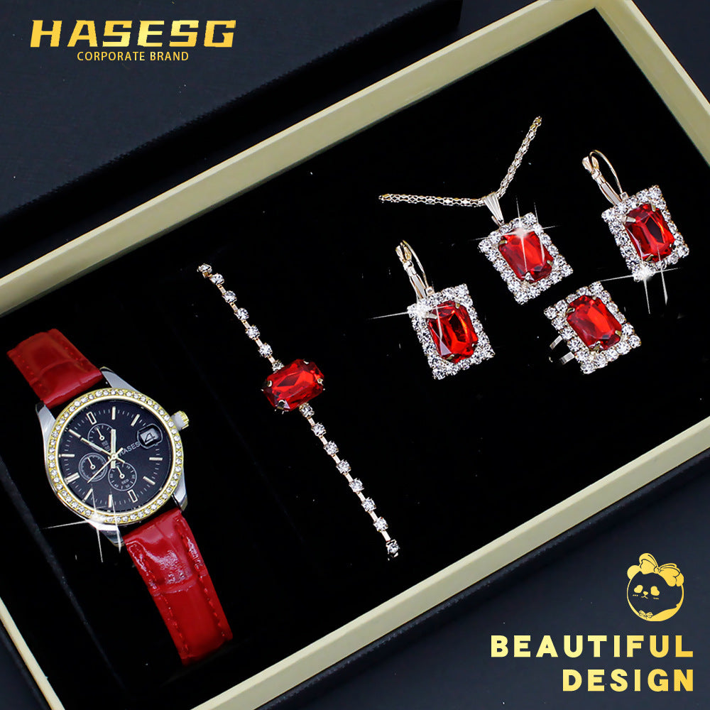 Coffret Montre-Bijou Carrée Femme – 5 Pièces : Montre + Collier + Boucles + Bague ✨