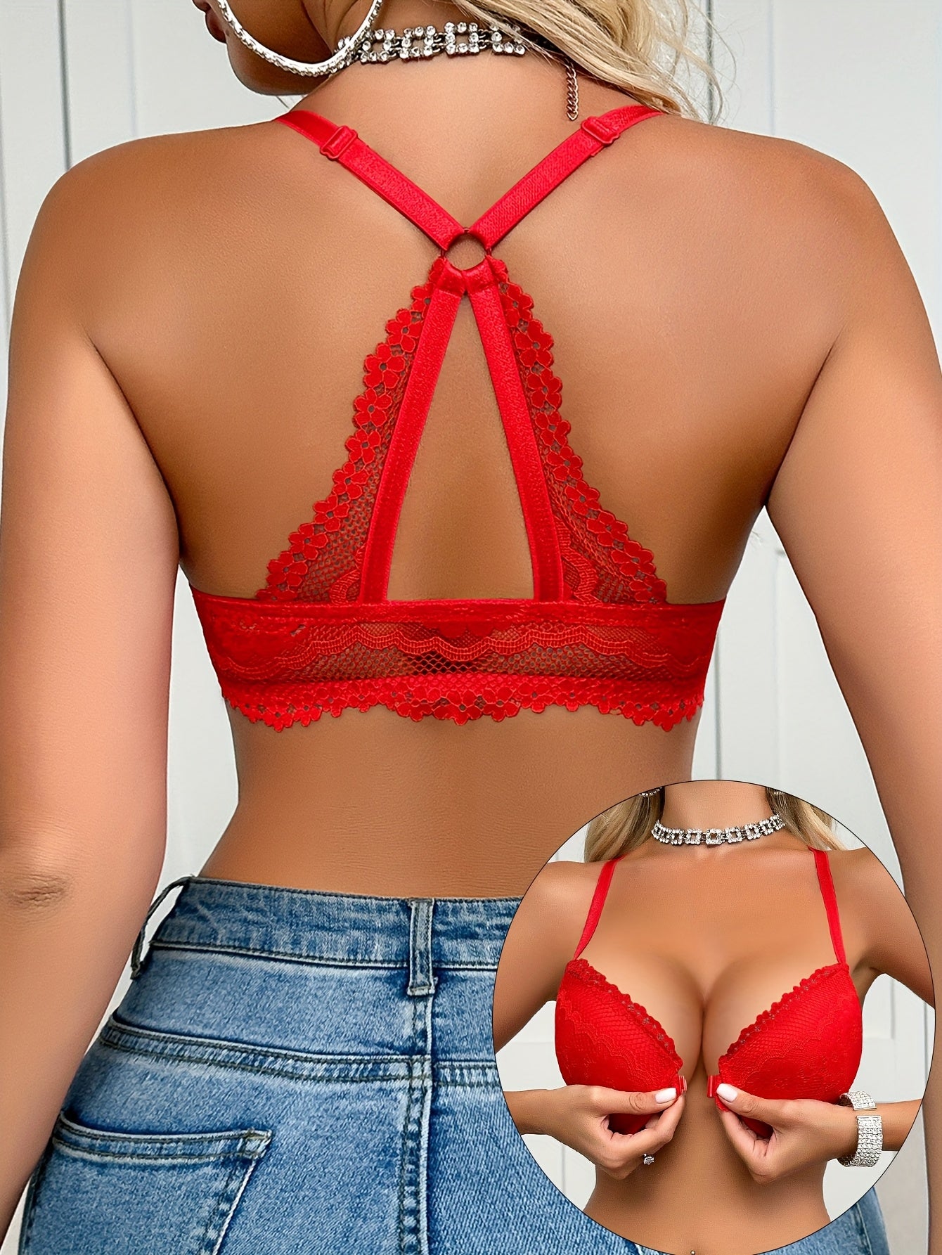 Soutien-Gorge Dentelle Sexy Femme - Sous-Armatures, Fermeture Devant, 90% Polyamide, Noir Rouge Blanc, EU 85B-100D