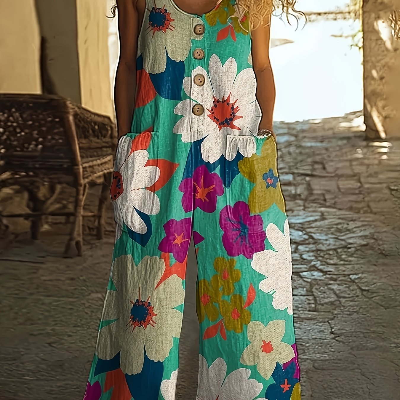 Combinaison Imprimée Florale à Poches – Bretelles, Style Vacances Été | Printemps-Été-Automne | S au XXL