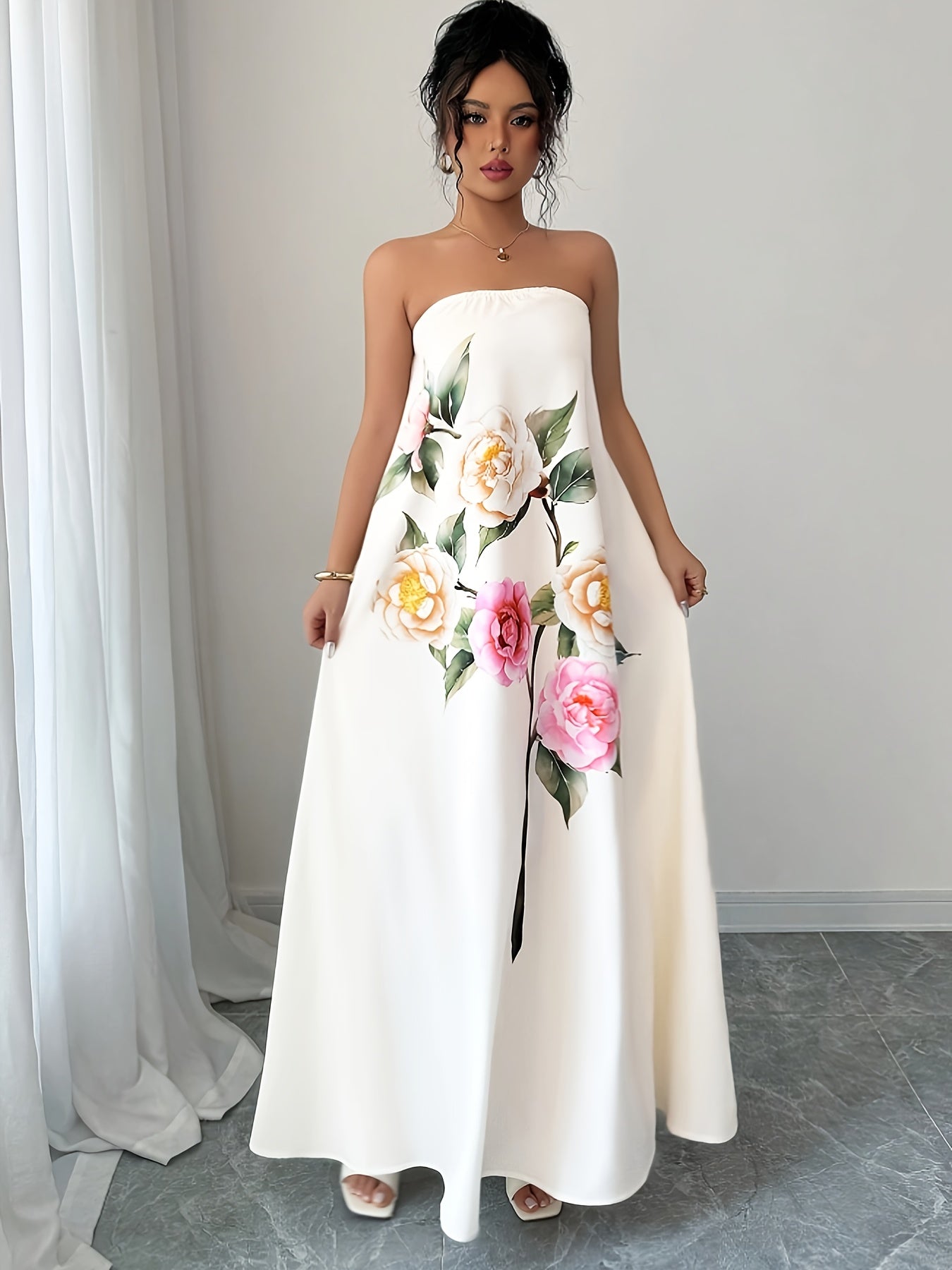 Robe Tunique Femme Elegante Imprime Floral Epaules Denudees – Style Ete Chic, Blanc | S au XL