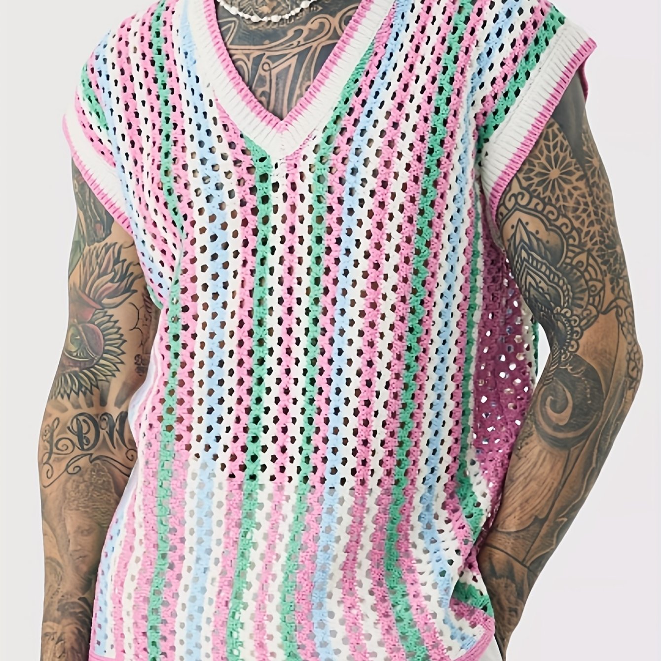 Gilet Ajoure Crochet Col V Sans Manches - Style Vacances Rayures FR S a XXL