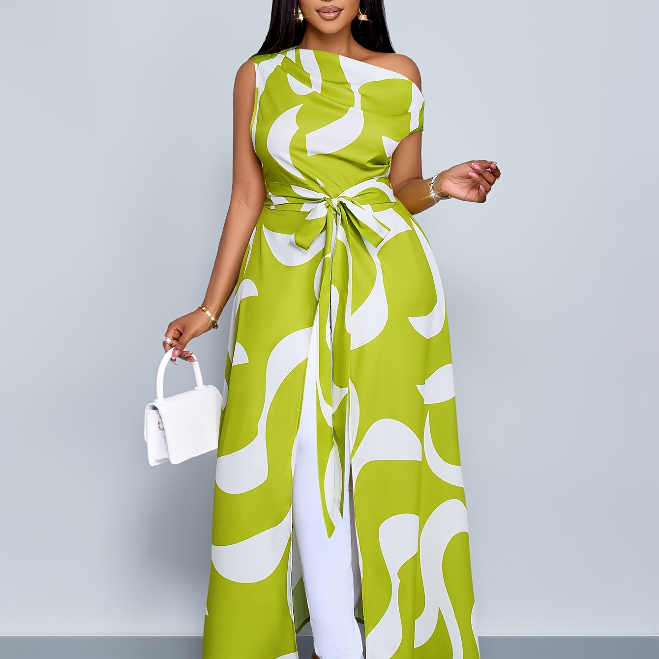 Robe maxi femme grande taille unie - Col asymetrique, epaules denudees, ourlet asymetrique, extensible, vert, L a 3XL