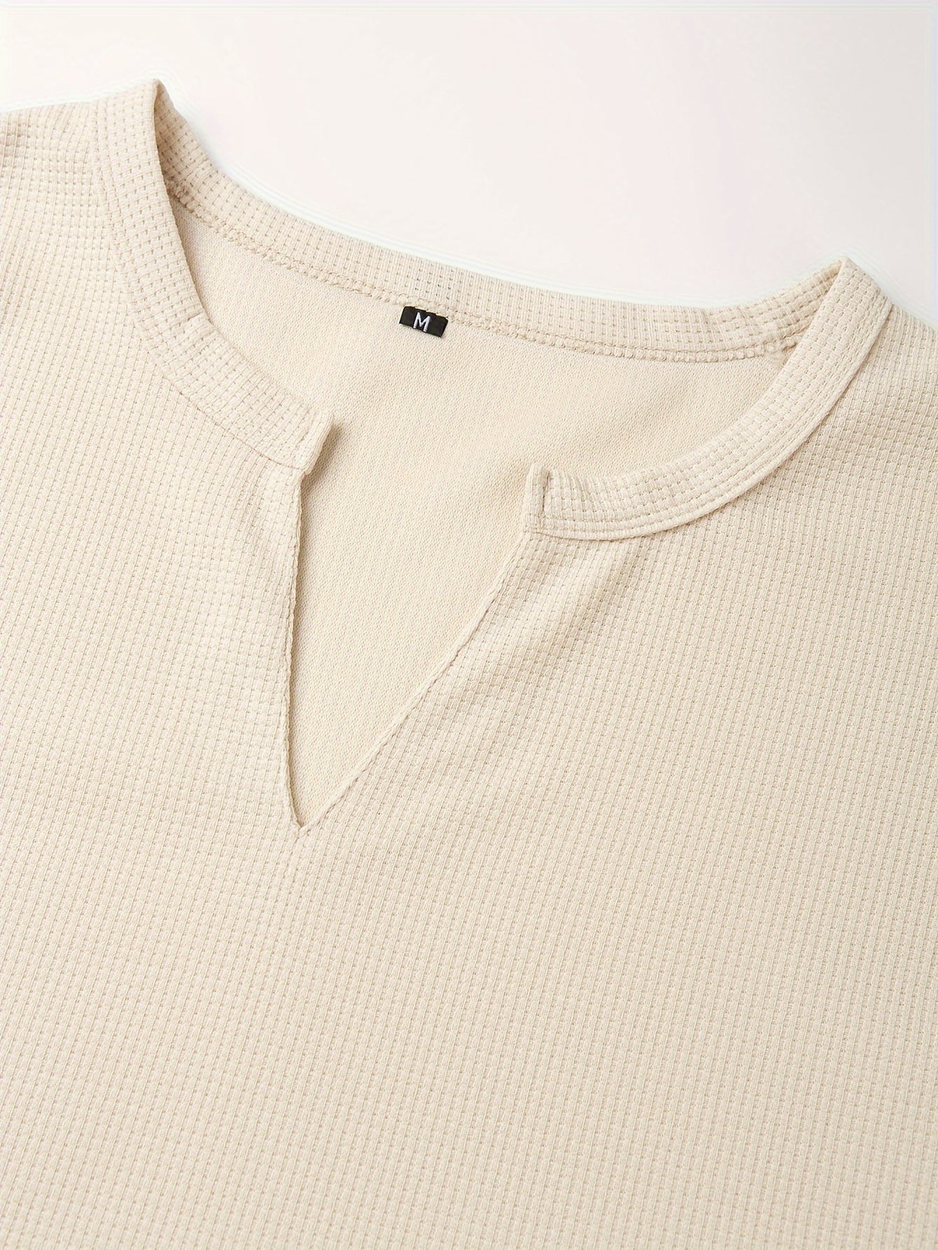 T-Shirt Homme Manches Longues Col en V Gaufre - Slim, 100% Polyester, Blanc Beige Noir, S-XXXL