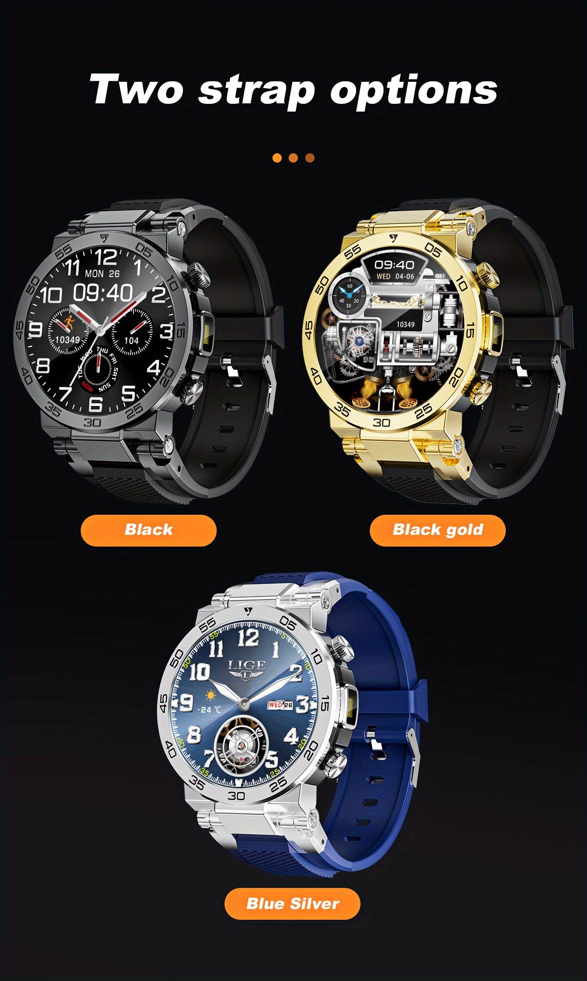Montre Connectée LIGE Homme — Cadran Rond, Bracelet Silicone, Chronomètre, 3 Coloris