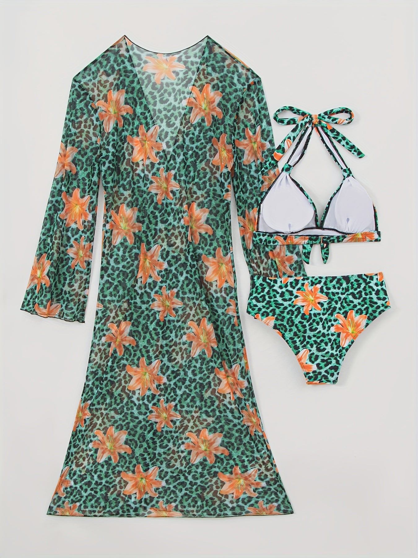 Bikini Femme Col V Manches Longues Imprime Integral Aleatoire - 82% Polyester Elasthanne Tres Extensible Vert S-XXL