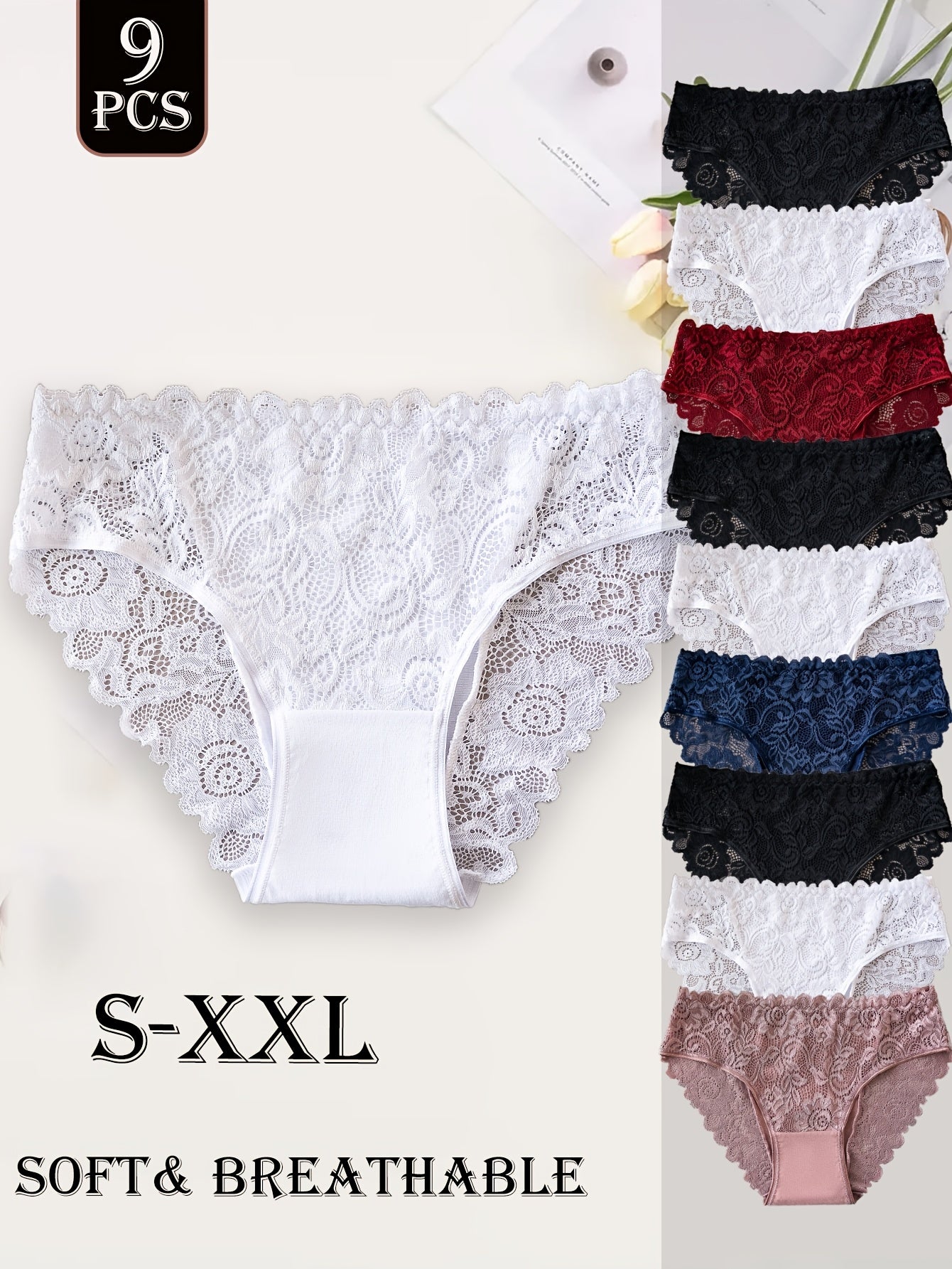 Lot de 9 culottes femme en coton avec dentelle - Couleur unie, style élégant, confort quotidien