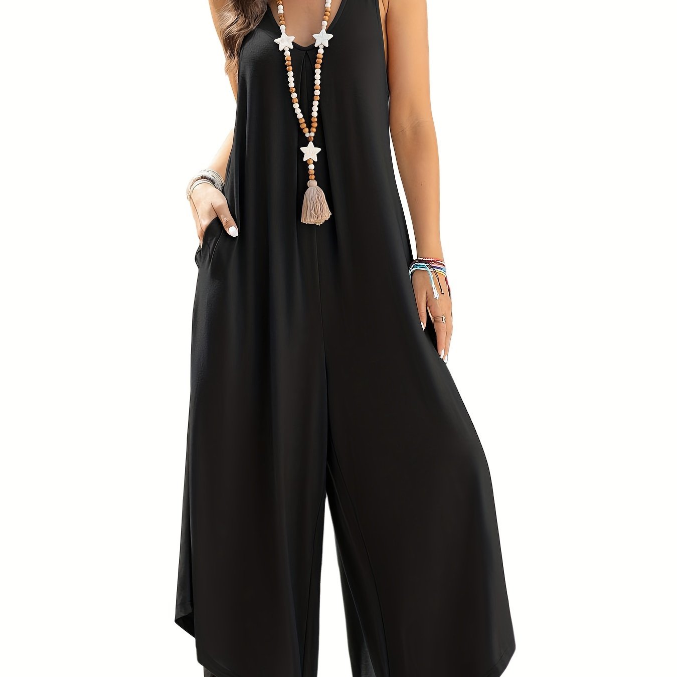 Combinaison Palazzo Femme — Sans Manches, Col en V, Poches, 95% Polyester, 8 Coloris, S-XXL