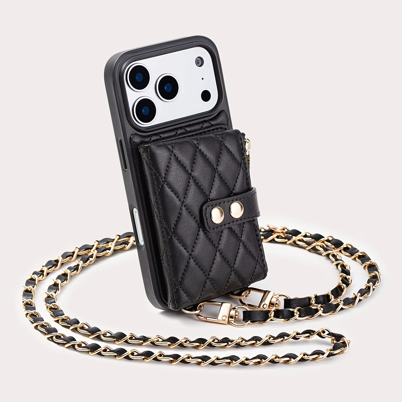 Coque iPhone Portefeuille Matelassee Similicuir Porte-Cartes Bandouliere Chaine - iPhone 11 a 17 Pro Max Beige Noir Rouge