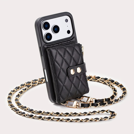 Coque iPhone Portefeuille Matelassee Similicuir Porte-Cartes Bandouliere Chaine - iPhone 11 a 17 Pro Max Beige Noir Rouge
