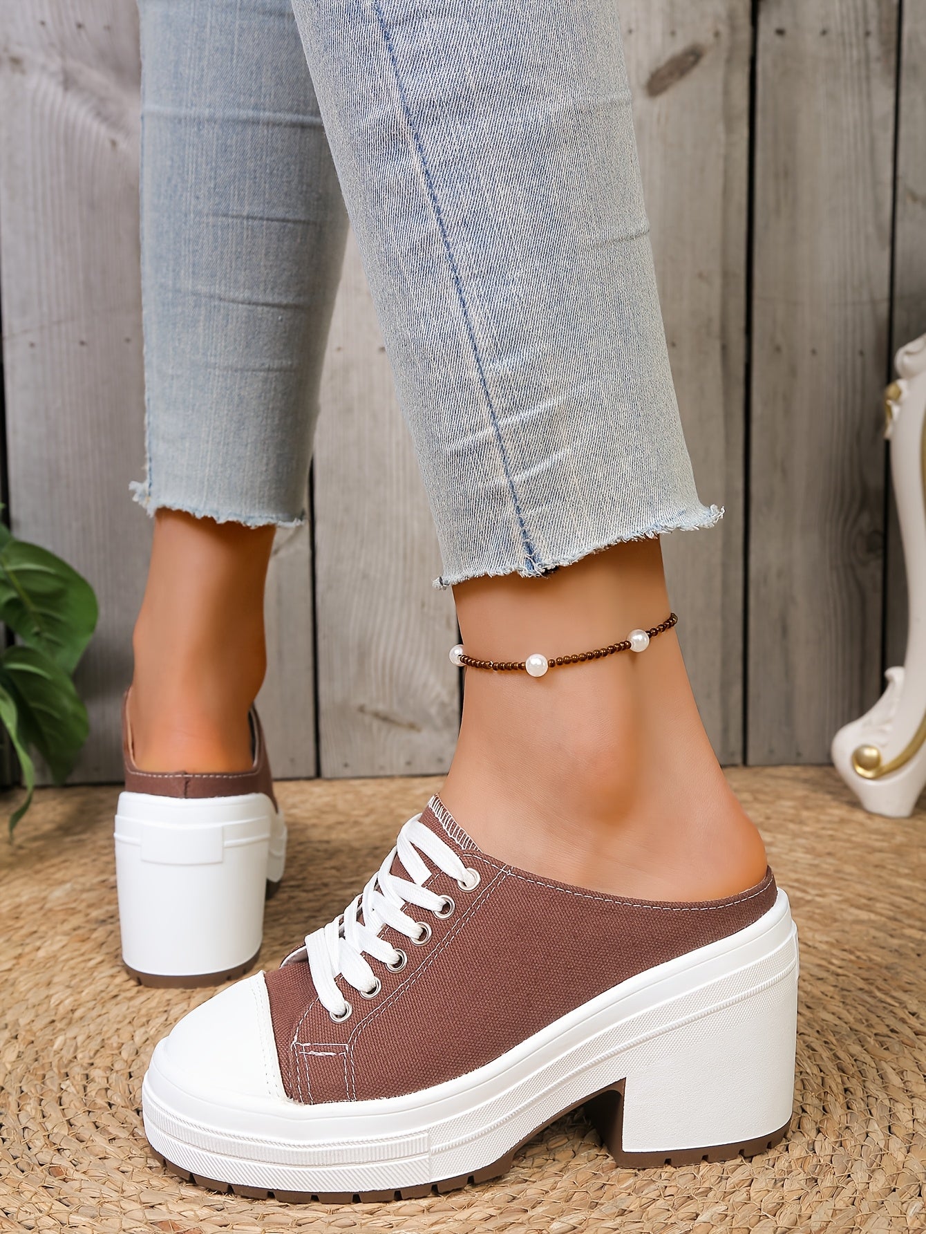 Mules Femme Talon Compense Lacets Tissu Semelle PU - Bout Rond Decontracte Noir Marron EU 36-42