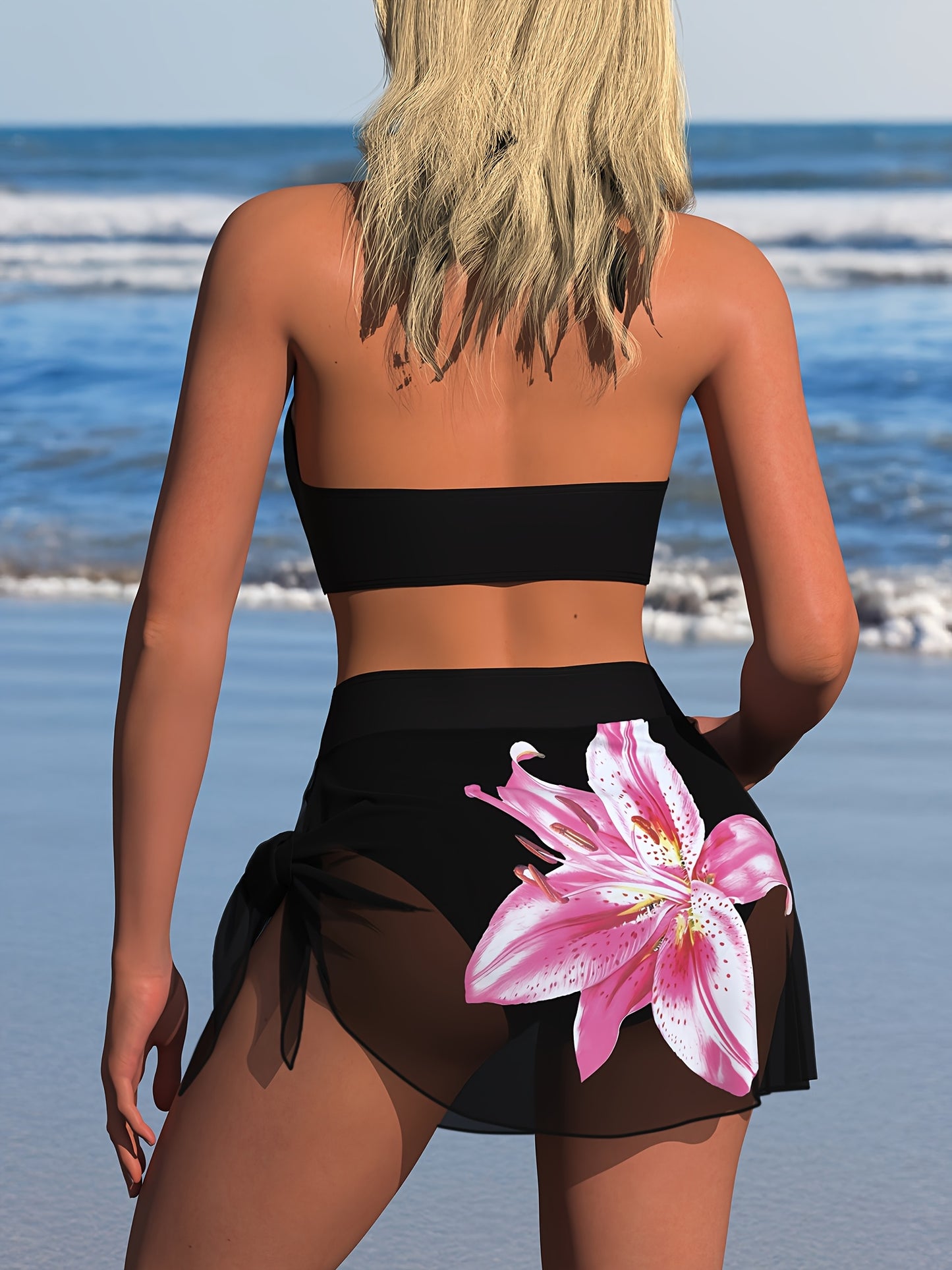 Bikini 2 Pieces Femme Imprime Floral Rose et Lys - Col en V Profond, Lacets, Tissu Stretch, Style Elegant
