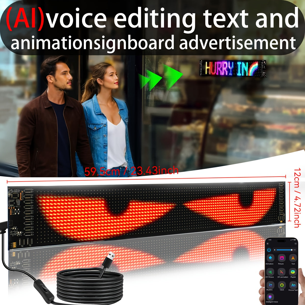 Ecran LED Flexible Controle Vocal Sans Fil Application IA - Lunette Arriere Voiture Vitrine Magasin 3 Tailles