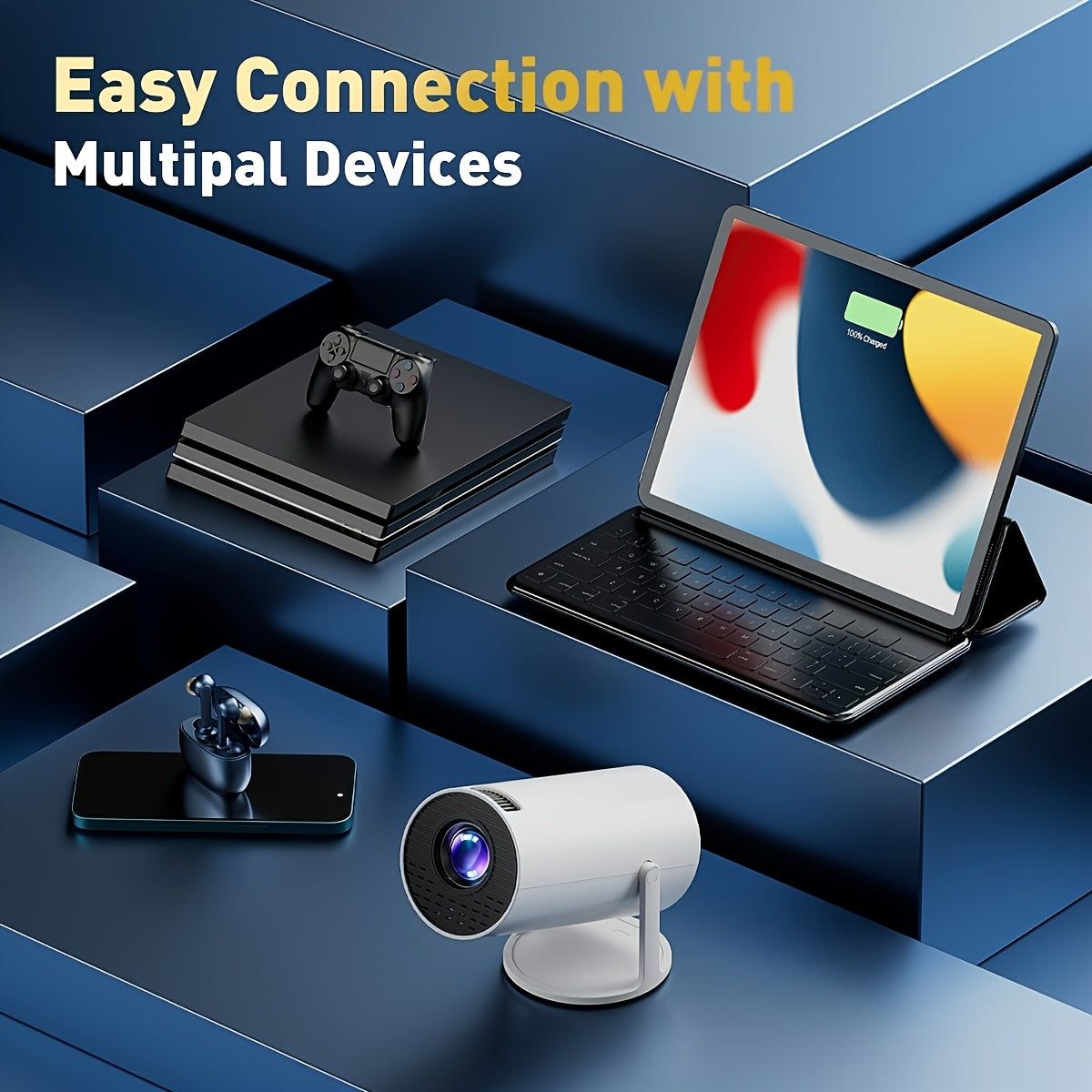 Mini projecteur Full HD 1080p avec un design compact, connecté à un ordinateur portable, une console de jeux et un smartph...