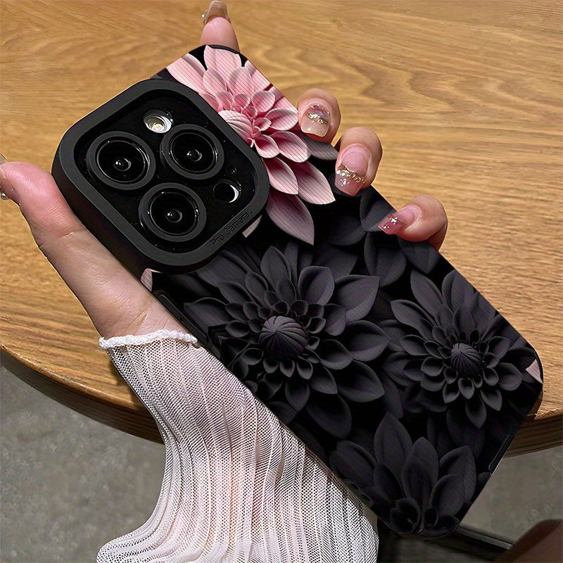 Coque iPhone Motif Floral 3D Rose et Noir – Similicuir, MagSafe, Antichoc