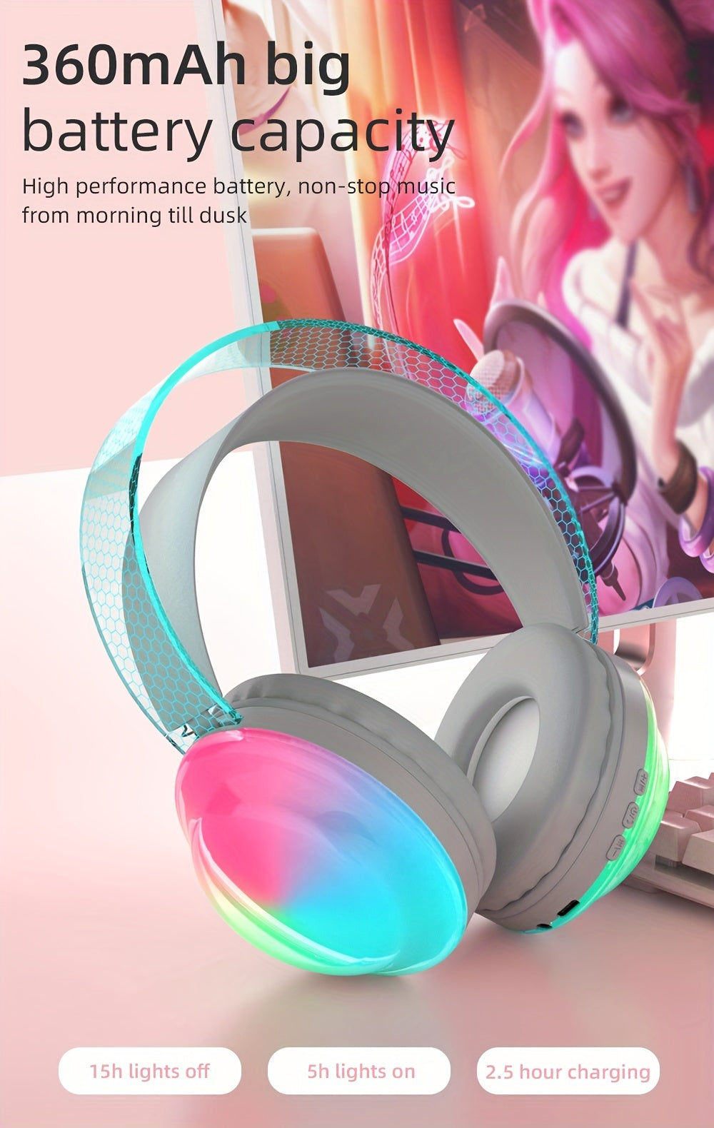 Casque Sans Fil Bluetooth 5.3 – Léger, Micro Intégré, Lumières LED & Batterie 360mAh | 5 Coloris
