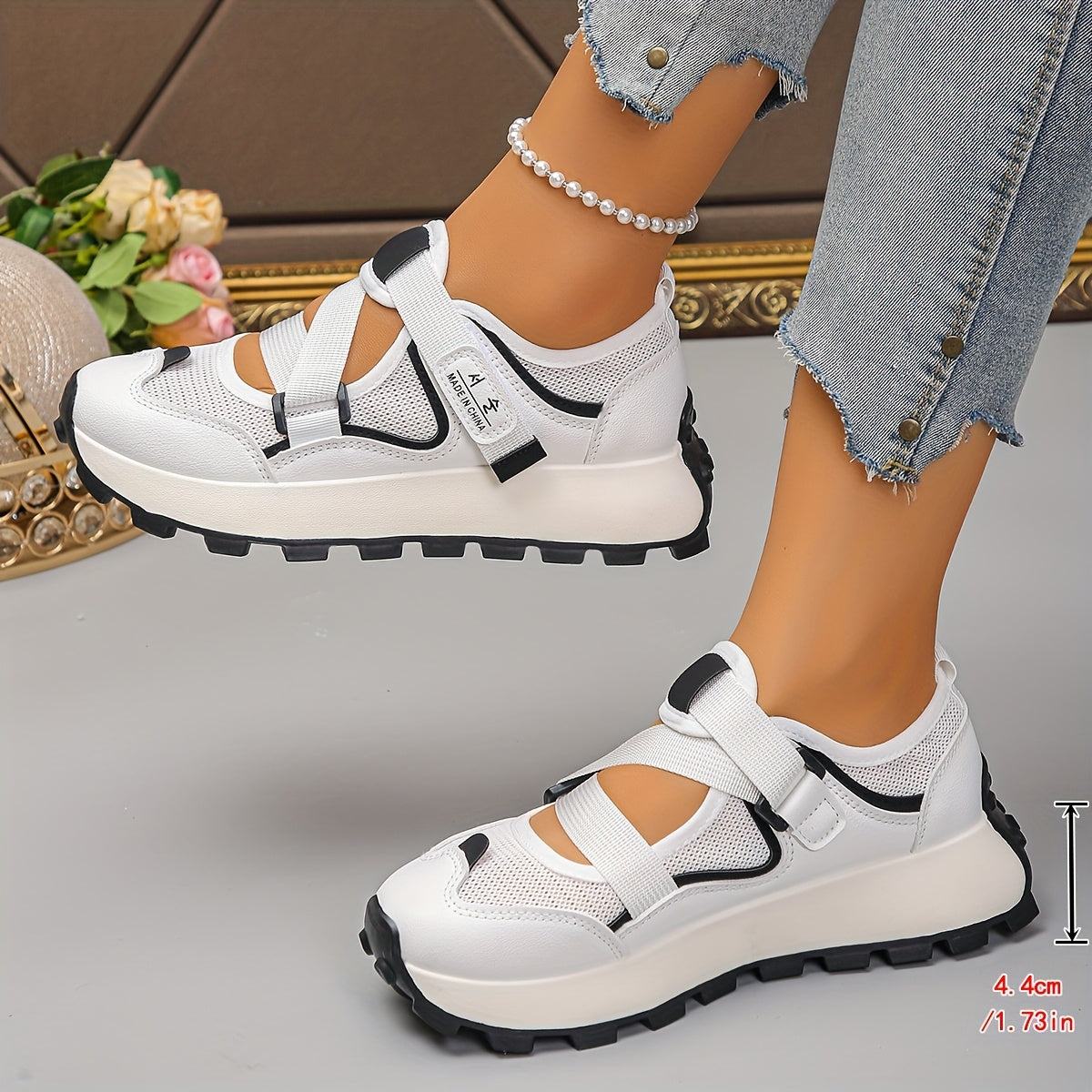 Baskets Femme Ete Respirantes Maille Velcro Semelle Caoutchouc - Couleur Unie Beige Blanc EU 35-40