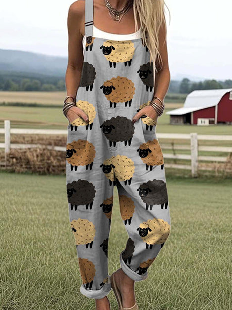 Pantalon a Bretelles Femme Imprime 3D Numerique Lin de Bambou Style Coreen - S a 5XL