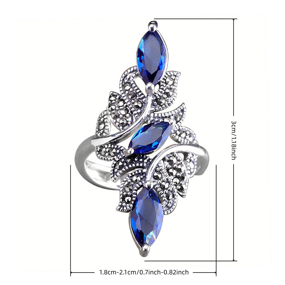 Bague large ajustable femme cuivre plaque blanc K - Zircone cubique feuille, style luxe paillete, bleu, taille unique