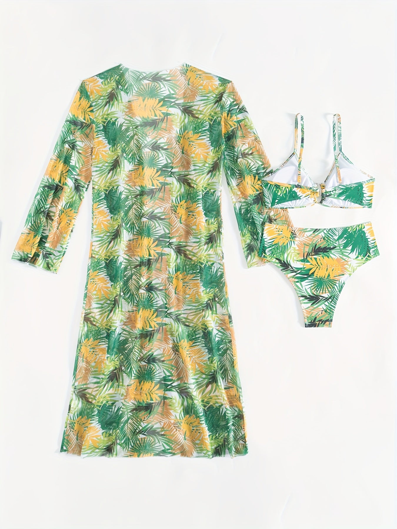 Ensemble Bikini 3 Pieces Femme - Motif Tropical, Col en V, Manches Longues