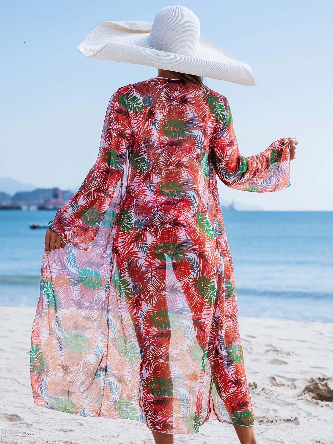 Ensemble Bikini 3 Pieces Femme - Motif Tropical, Col en V, Manches Longues