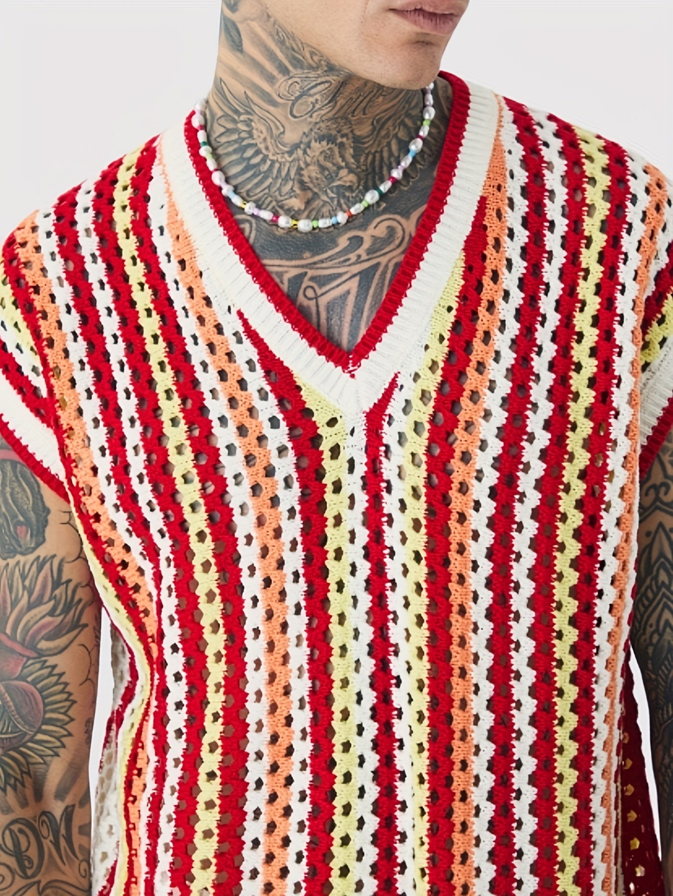 Gilet Ajoure Crochet Col V Sans Manches - Style Vacances Rayures FR S a XXL
