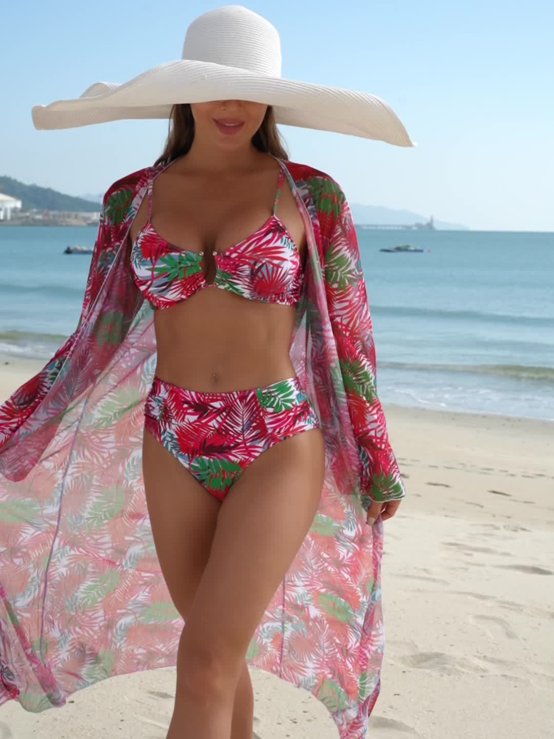 Ensemble Bikini 3 Pieces Femme - Motif Tropical, Col en V, Manches Longues
