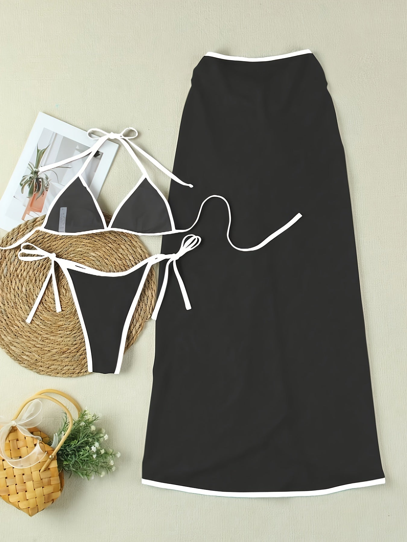 Bikini 3 Pièces Femme avec Jupe – Dos Nu, Volants & Tissu Stretch | S M L | Couleur Unie