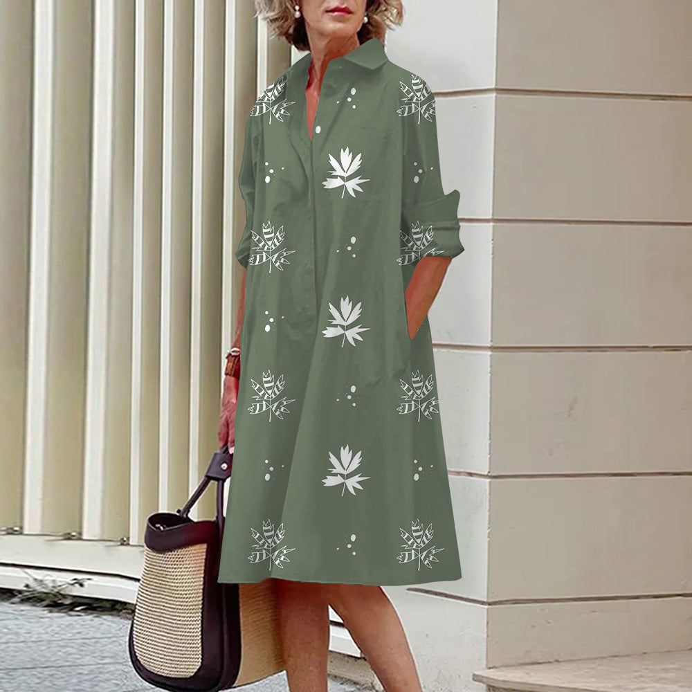 Robe Chemise Ample Imprimé 3D Femme – Style Chinois Rétro, Manches Longues, Mi-Longue