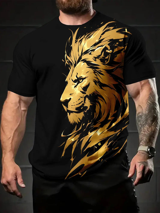 T-Shirt Homme Col Rond Manches Courtes Imprime Lion Numerique Decontracte - 100% Polyester Noir FR S-XXXL