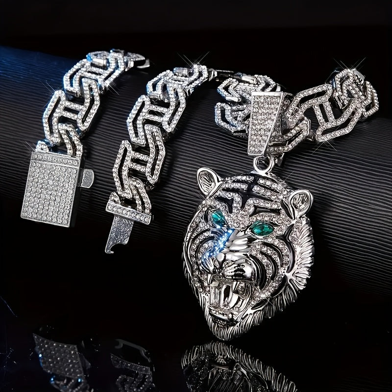 Collier Pendentif Tête de Tigre Yeux Verts — Chaîne Cubaine Strass, Alliage Zinc, 2 Coloris
