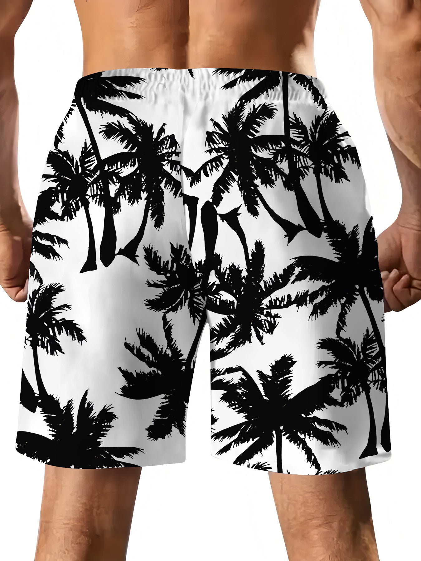 Short Homme Motif Cocotier – Noir sur Fond Blanc, 100% Polyester & Coupe Décontractée | FR S à XXL