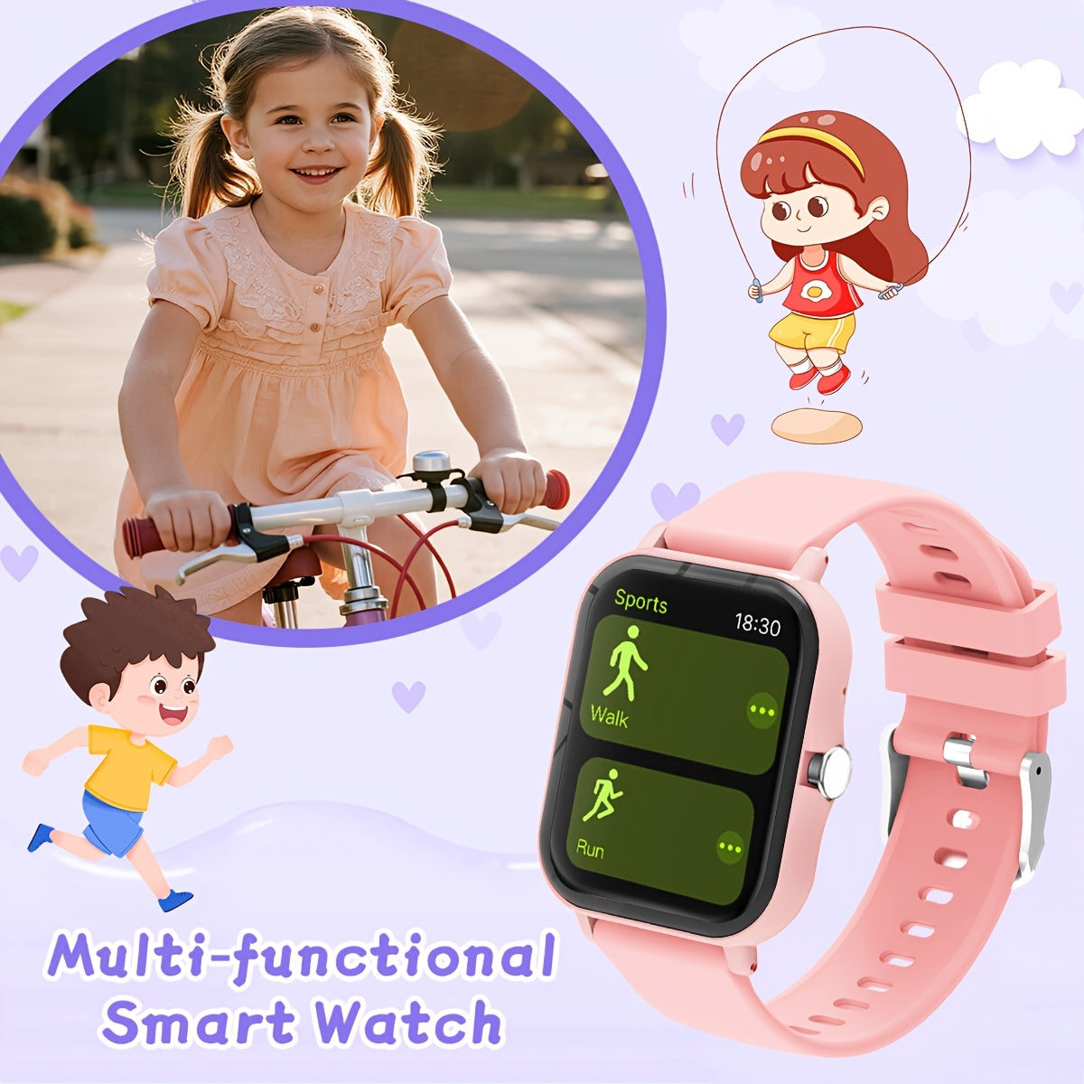 Montre Connectee Enfants Multifonctions - Appels Sans Fil, Musique, Meteo, Lampe Torche, Bracelet Silicone, 3 Coloris