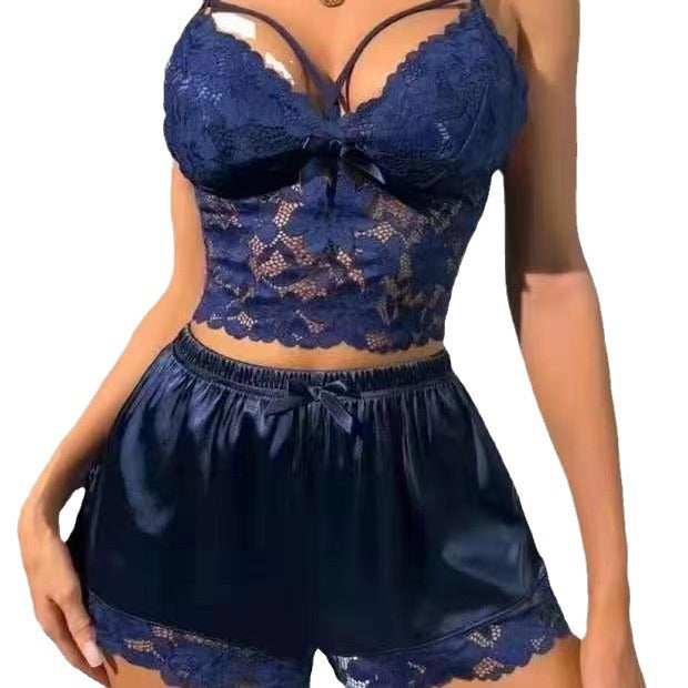 Ensemble pyjama debardeur et short en dentelle femme - Maille polyester, 5 coloris, S a XXXL