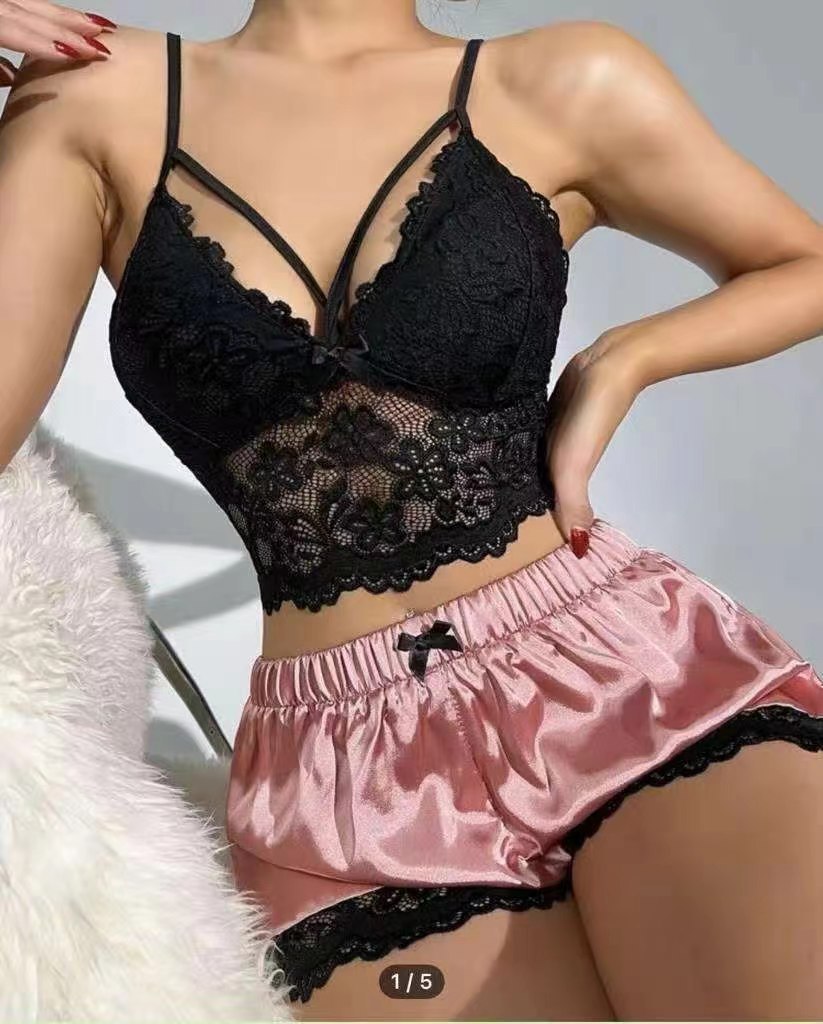 Ensemble pyjama debardeur et short en dentelle femme - Maille polyester, 5 coloris, S a XXXL