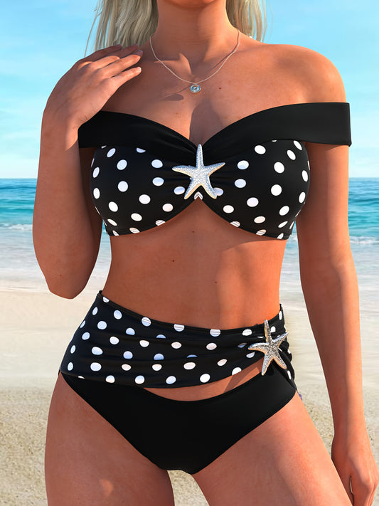 Bikini Femme Epaules Denudees Motif Pois Patchwork - Ensemble 2 Pieces Sexy