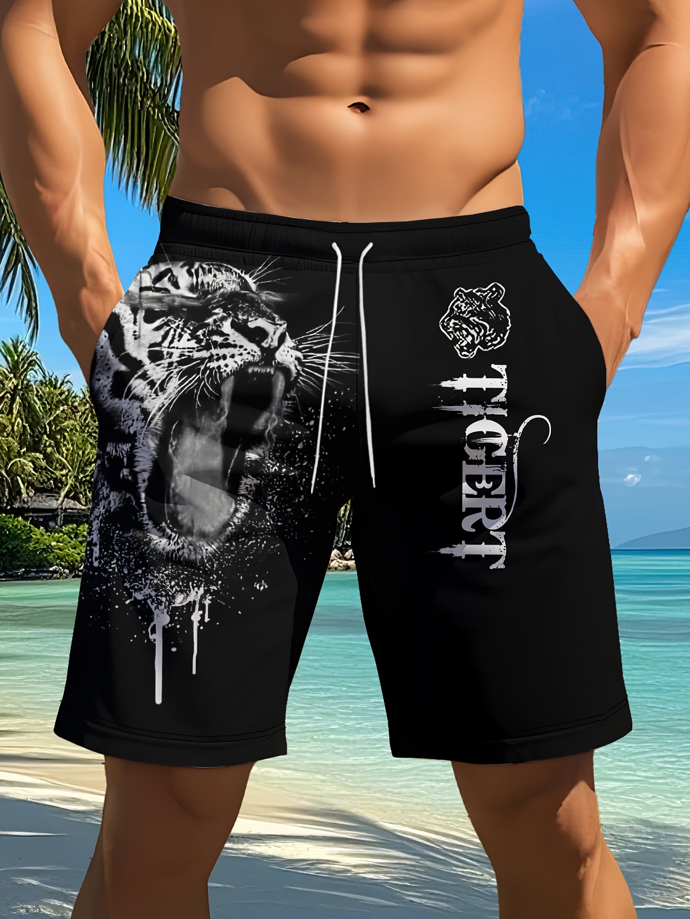 Short Homme Plage Ete Motif Tigre Feroce Geometrique - 95% Polyester Elasthanne Coupe Standard Bleu Noir FR S-XXL