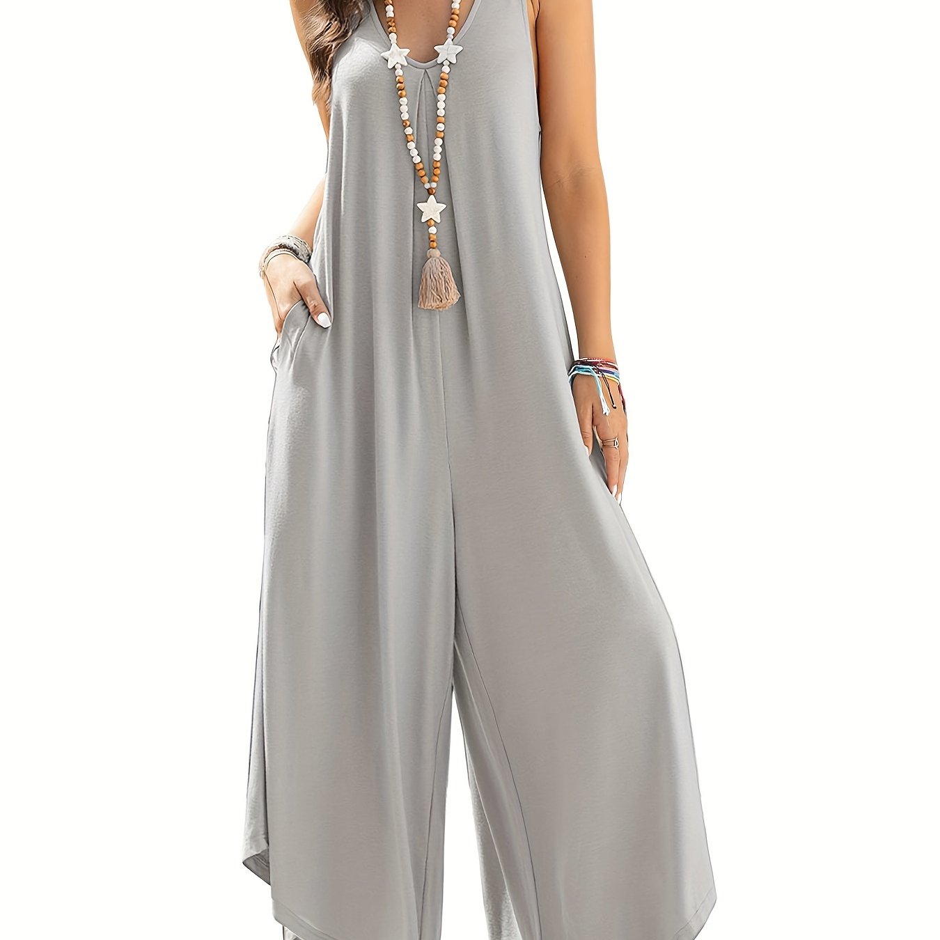 Combinaison Palazzo Femme — Sans Manches, Col en V, Poches, 95% Polyester, 8 Coloris, S-XXL