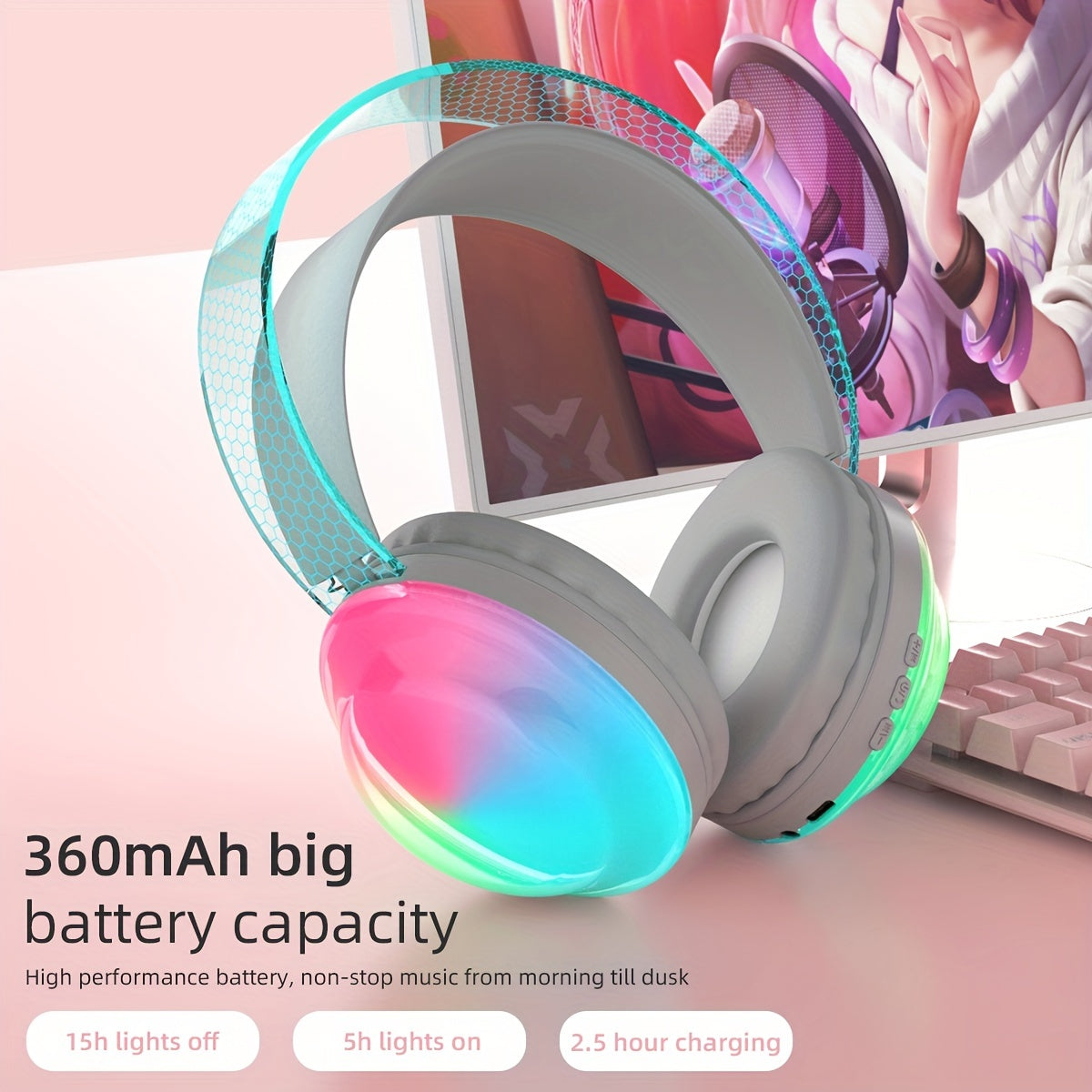 Casque Sans Fil Bluetooth 5.3 – Léger, Micro Intégré, Lumières LED & Batterie 360mAh | 5 Coloris