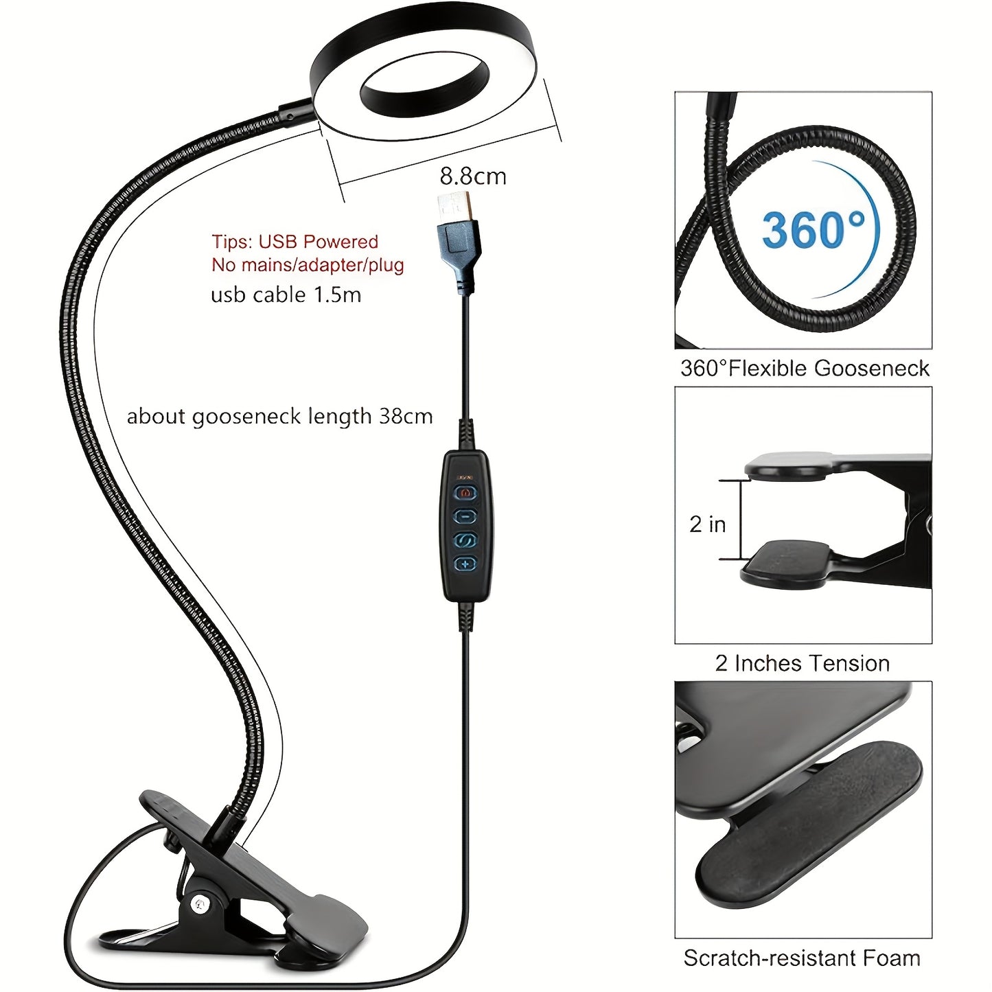 Lampe de bureau LED pince USB - Bras flexible 360° luminosité réglable