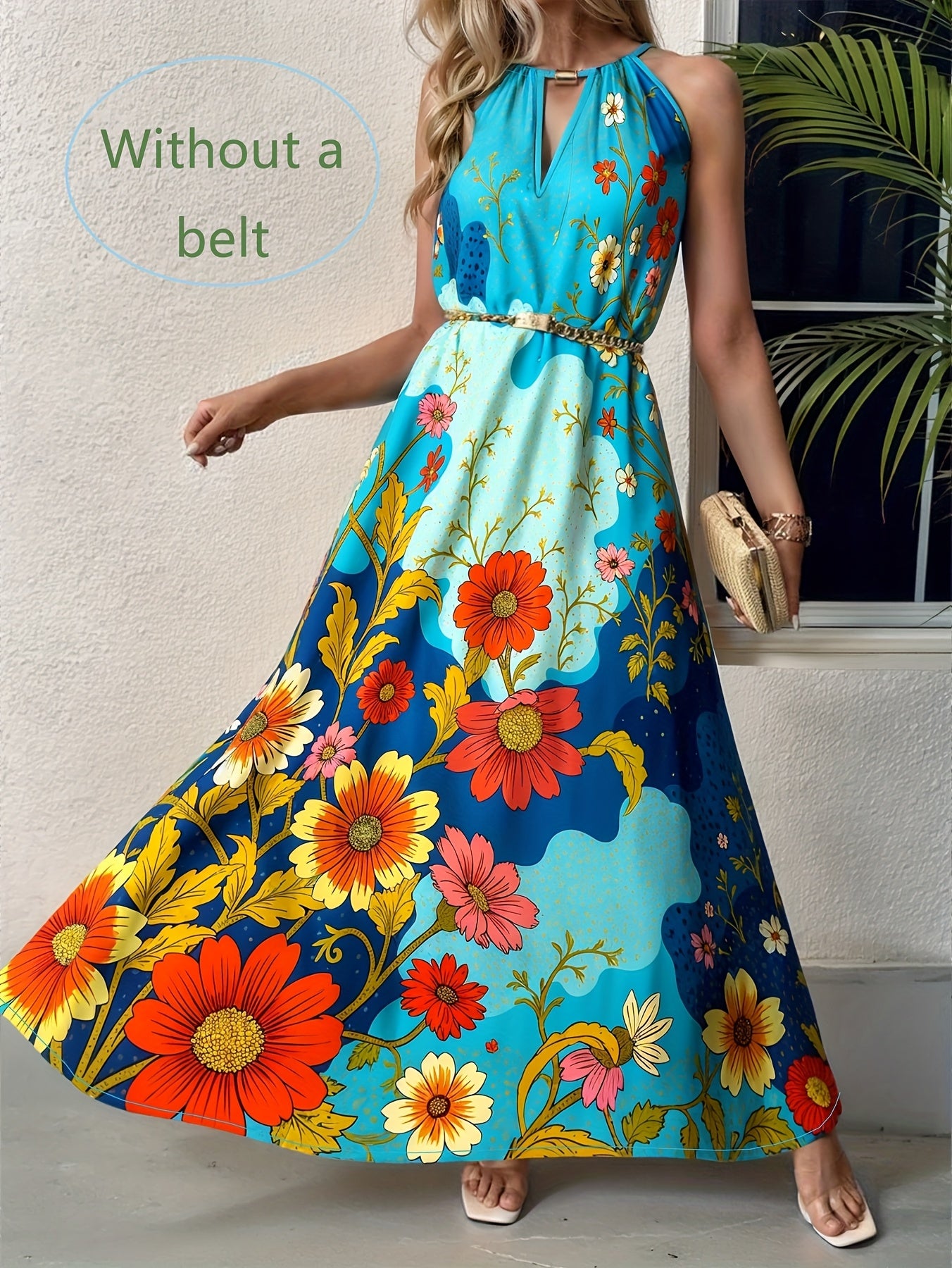Robe Longue Sans Manches Imprimé Floral – Col Rond, Coupe Trapèze, Style Décontracté Printemps-Été