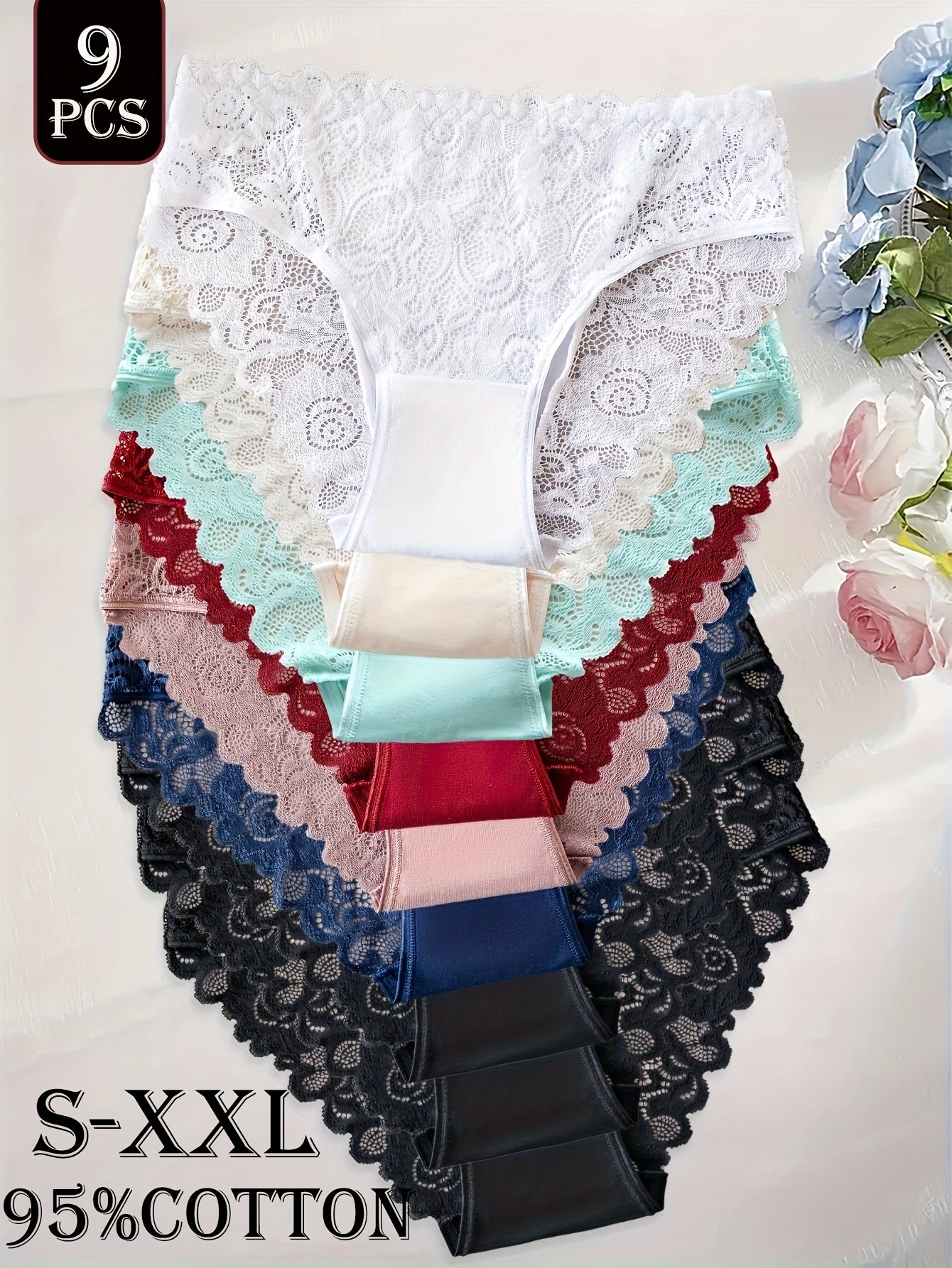 Lot de 9 culottes femme en coton avec dentelle - Couleur unie, style élégant, confort quotidien