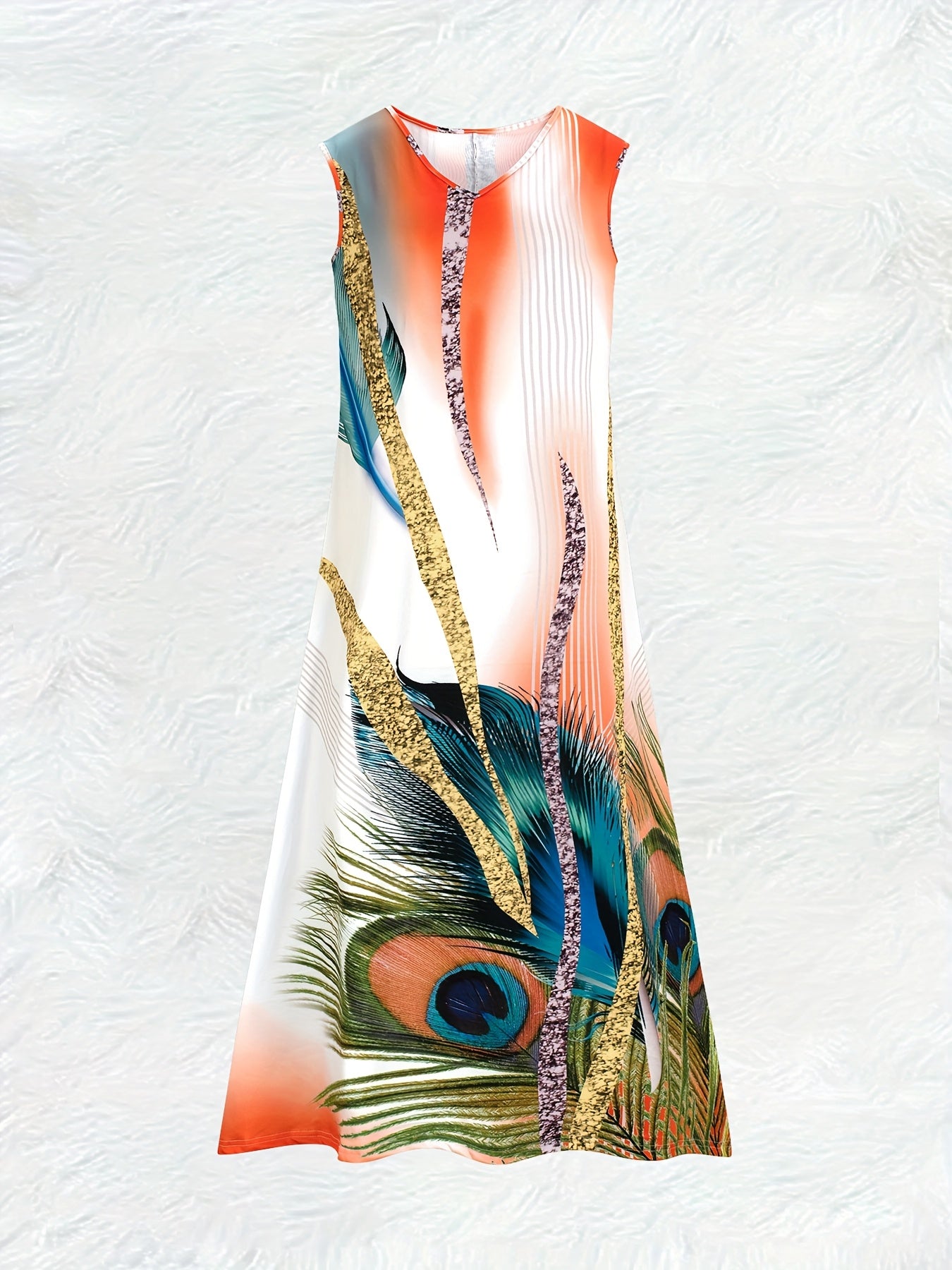 Robe Femme Col en V Motif Plume – Style Vacances, Printemps/Été