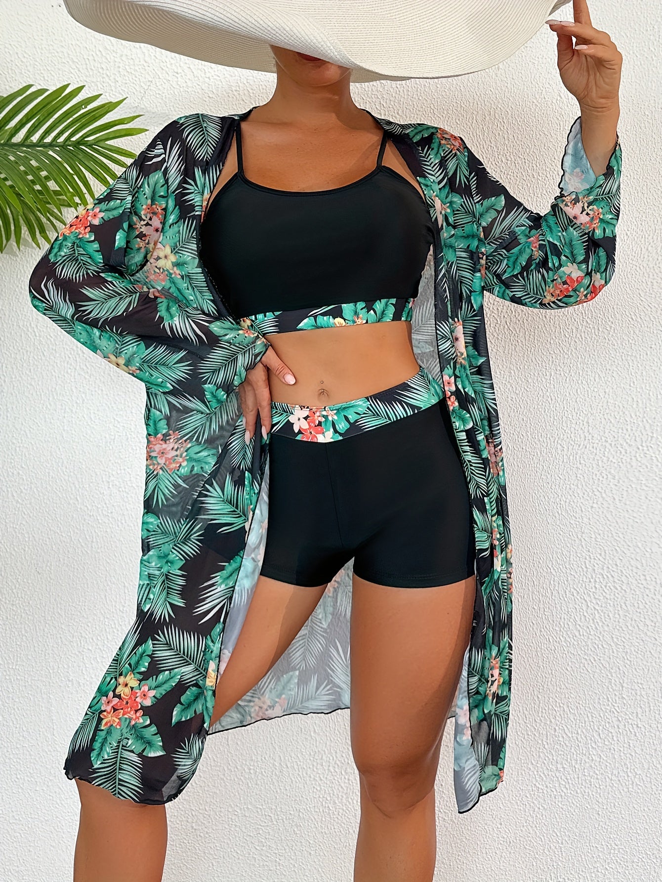 Maillot de Bain 3 Pieces Femme Taille Haute Imprime Tropical - 82% Polyester Elasthanne Tres Extensible S-XL
