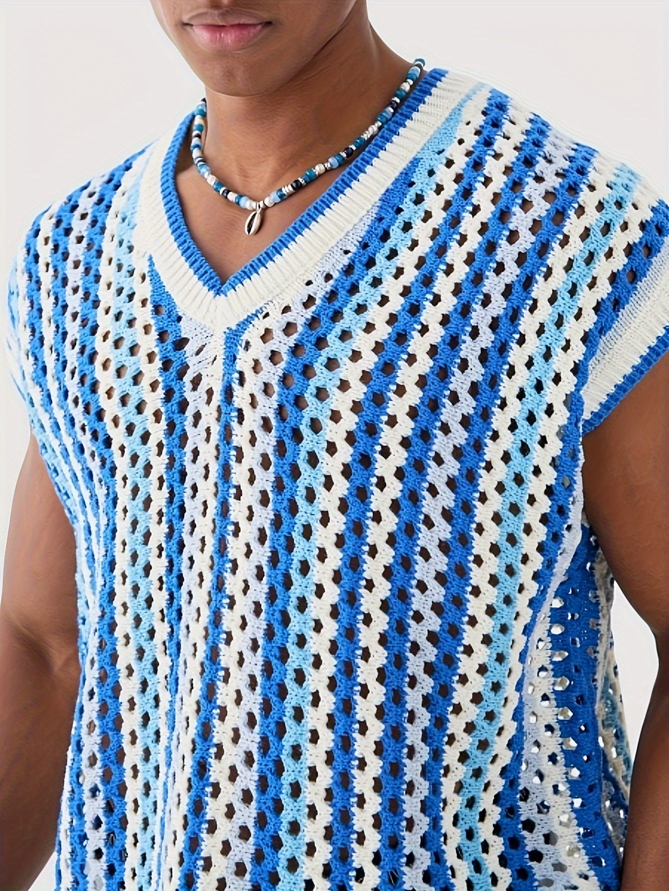 Gilet Ajoure Crochet Col V Sans Manches - Style Vacances Rayures FR S a XXL
